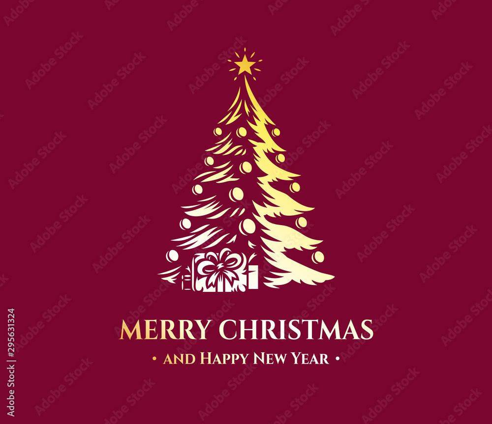Merry Christmas and Happy New Year greeting card vector design with christmas tree. Hot stamping or foil stamping, relief printing. Merry Christmas and Happy New Year greeting card vector design with christmas tree. Hot stamping or foil stamping, relief printing.