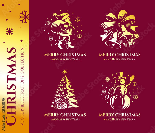 Merry Christmas and Happy New Year vector illustration collection for greeting card with christmas bell, santa claus, christmas tree and snowman. Hot stamping or foil stamping, relief printing.