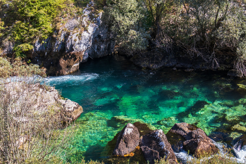 Beautiful and turquoise river Unac in village Martin Brod in Bosnia and Herzegovina Beautiful and turquoise river Unac in village Martin Brod in Bosnia and Herzegovina