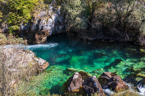 Beautiful and turquoise river Unac in village Martin Brod in Bosnia and Herzegovina