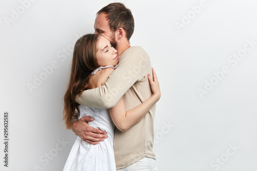 loving couple embracing , expressing warm, tender feeling, tenderness, isolated white background, I've missed you. I love you