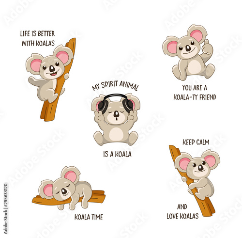 Funny koala stickers set with quotes