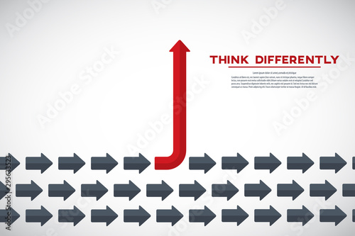 Think differently concept. Red arrow changing direction. New idea, change, trend, courage, creative solution, innovation and unique way concept.