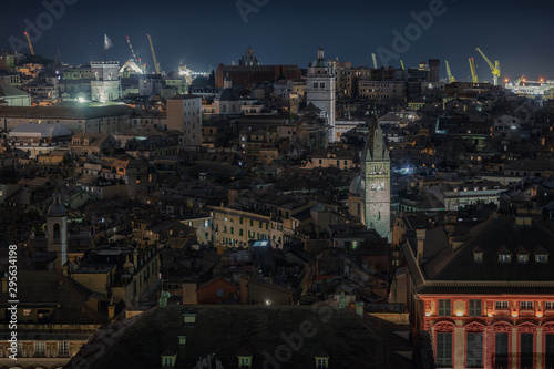 Genoa, Italy. Aerial night view of the old town of medieval origin. It is the most extensive ancient historical center of Europe