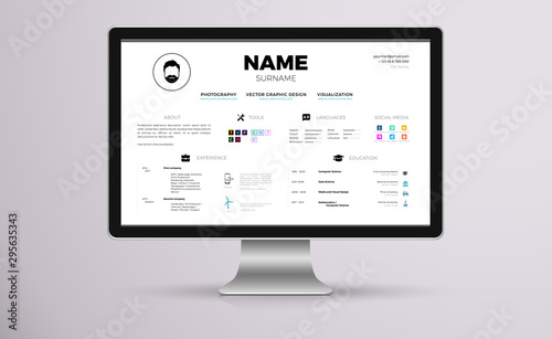 Modern online CV example design  resume vector template minimalistic creative style on a computer screen