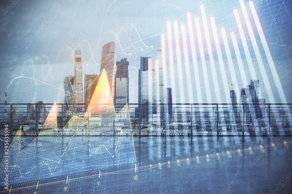 Forex graph hologram with city view from roof background. Double exposure. Stock market concept. Forex graph hologram with city view from roof background. Double exposure. Stock market concept.