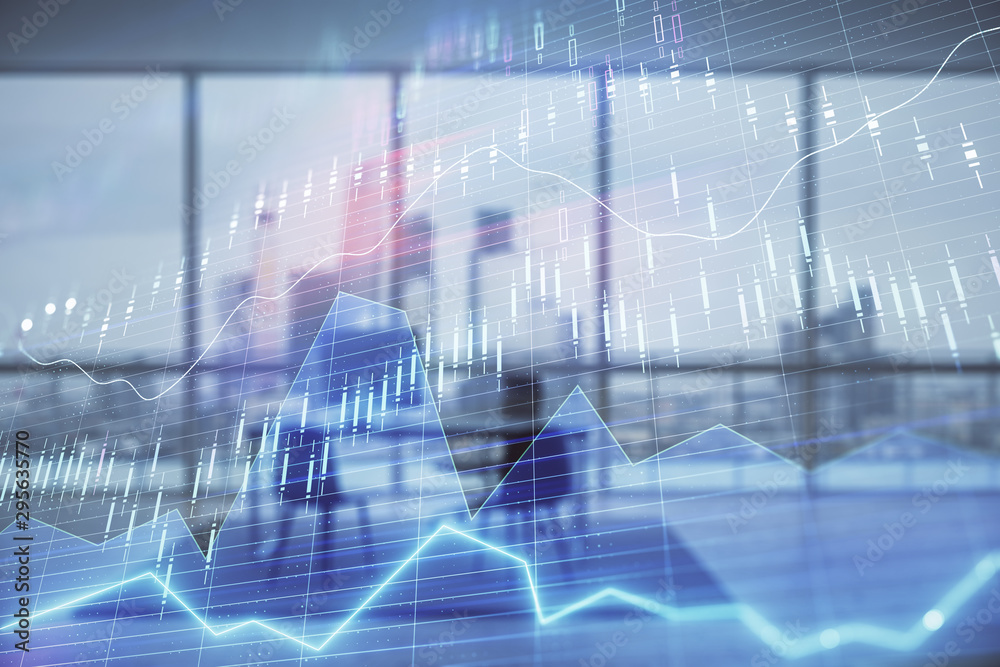 Business theme graph hologram with minimalistic cabinet interior background. Double exposure. Stock market concept.