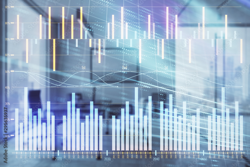 Business theme graph hologram with minimalistic cabinet interior background. Double exposure. Stock market concept. Business theme graph hologram with minimalistic cabinet interior background. Double exposure. Stock market concept.