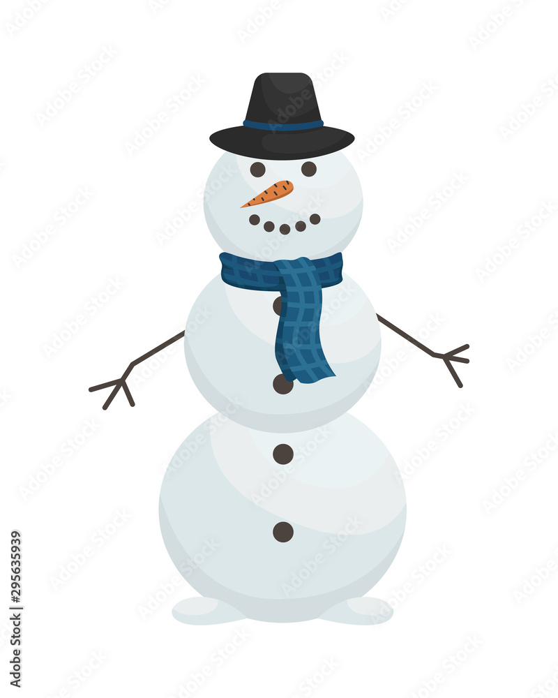 Cute snowman in hat and scarf. Winter entertainment. Flat vector illustration.