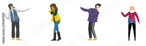 Set of four people playing snowballs. Winter entertainment. Flat vector illustration.