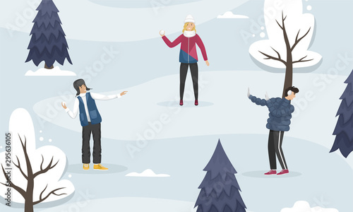 People play snowballs in the woods. Winter entertainment. Flat vector illustration.