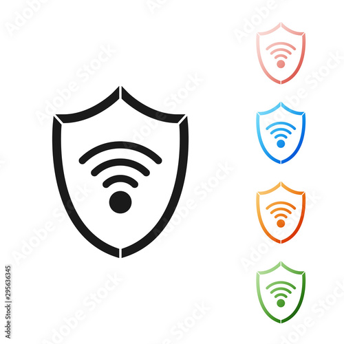 Black Shield with WiFi wireless internet network symbol icon isolated on white background. Protection safety concept. Set icons colorful. Vector Illustration