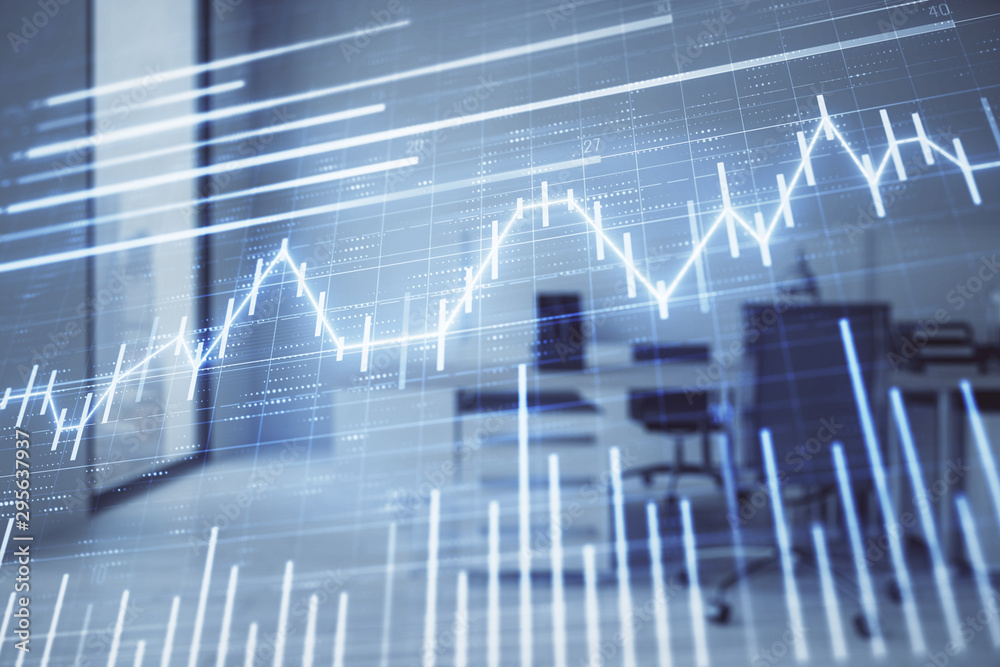Stock market chart with trading desk bank office interior on background. Double exposure. Concept of financial analysis Stock market chart with trading desk bank office interior on background. Double exposure. Concept of financial analysis