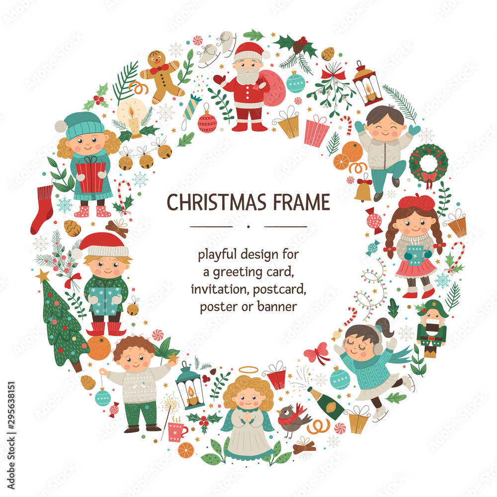 Vector Christmas round frame with children, Santa Claus, Angel on dark blue background. Holiday themed banner or invitation framed in circle. Cute funny New Year card template.. Vector Christmas round frame with children, Santa Claus, Angel on dark blue background. Holiday themed banner or invitation framed in circle. Cute funny New Year card template..