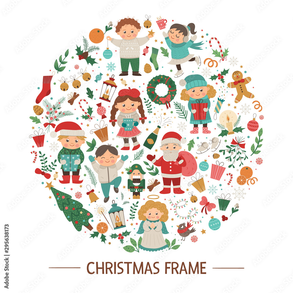 Vector Christmas round frame with children, Santa Claus, Angel on dark blue background. Holiday themed banner or invitation framed in circle. Cute funny New Year card template.. Vector Christmas round frame with children, Santa Claus, Angel on dark blue background. Holiday themed banner or invitation framed in circle. Cute funny New Year card template..