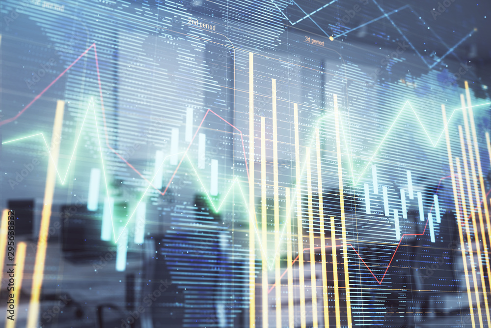 Stock and bond market graph and world map with trading desk bank office interior on background. Multi exposure. Concept of international finance Stock and bond market graph and world map with trading desk bank office interior on background. Multi exposure. Concept of international finance