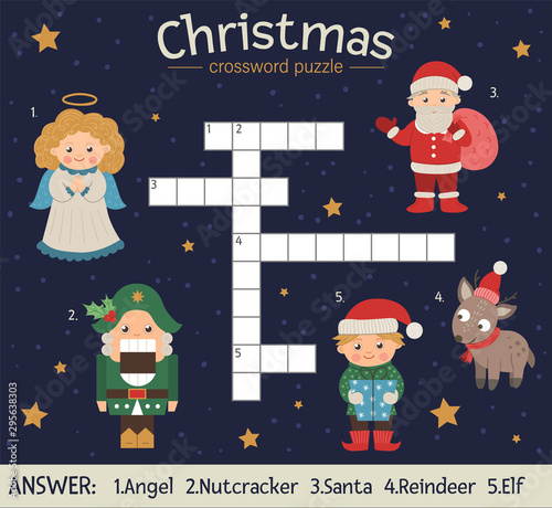 Vector Christmas crossword puzzle. Bright and colorful winter quiz for children. Educational New Year activity with Santa Claus, Angel, Nutcracker, Elf, Deer..