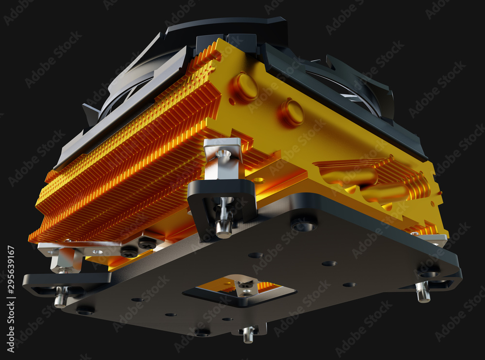 Naklejka premium Active CPU cooler with the copper finned heat-sink and the fan. 3d rendering.