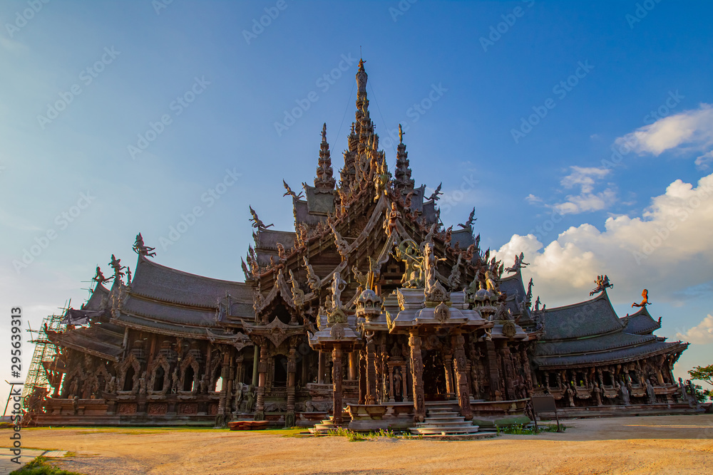 Thailand. Pattaya. Temple of truth in Pattaya. Huge wooden temple. Buddhist Church. Buddhism. Carving. Business card of Pattaya. Travelling to Thailand. Religious building