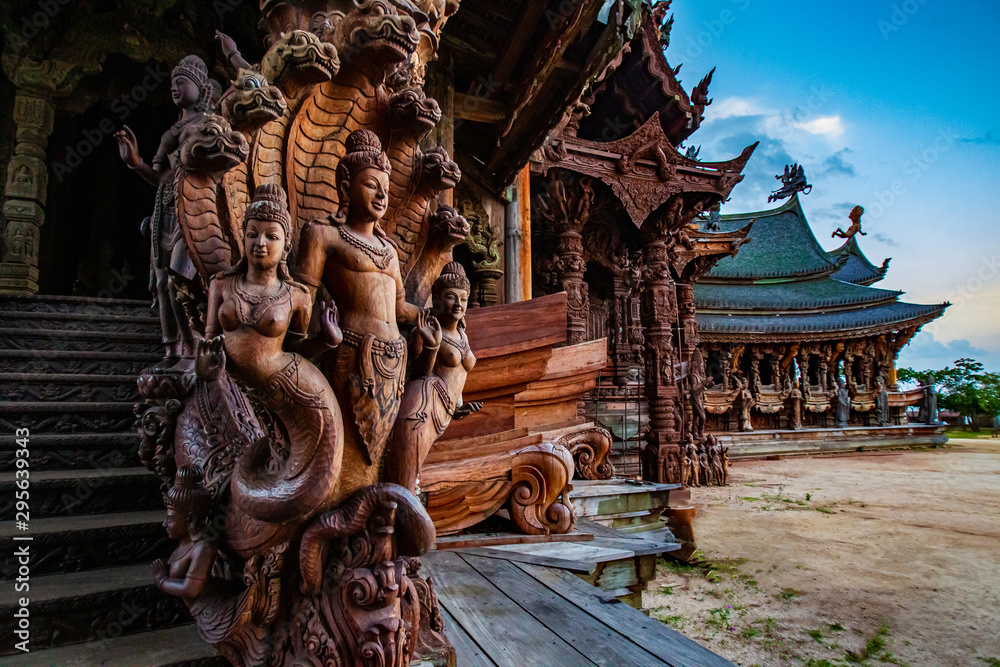 Thailand. Temple of truth in Pattaya. Fragment of wood carving. Mythological creatures carved from wood. Buddhist temple on the shore of the Gulf of Thailand. Religion Buddhism. Worship Buddha.