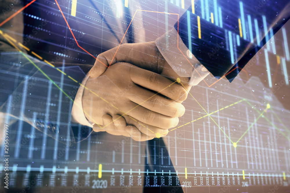 Multi exposure of forex graph on abstract background with two businessmen handshake. Concept of success on stock market Multi exposure of forex graph on abstract background with two businessmen handshake. Concept of success on stock market