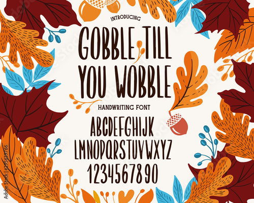 Font thanksgiving day. Typography alphabet with colorful autumn illustrations.