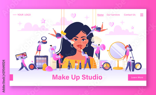 Concept of landing page on beauty salon, service industry, makeup studio theme. Template for website or web page with flat people characters applying decorative cosmetics on a woman's face.