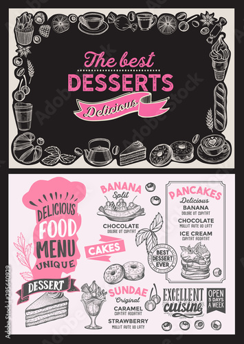 Dessert menu food template for restaurant with doodle hand-drawn graphic.