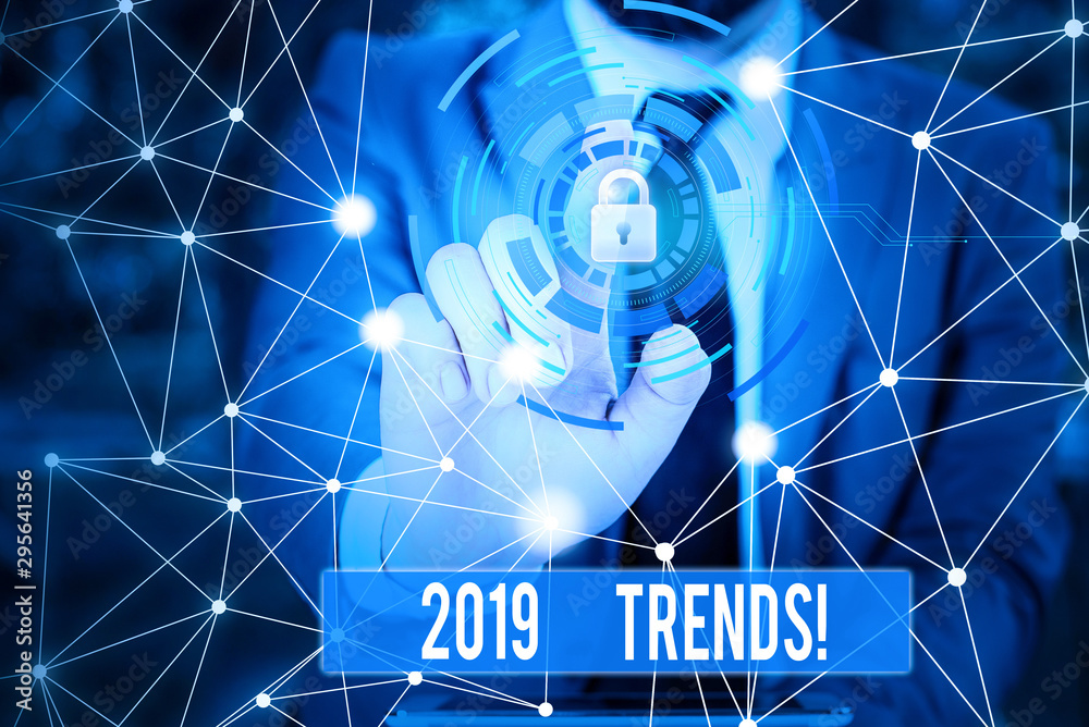 Obraz premium Writing note showing 2019 Trends. Business concept for general direction in which something is developing or changing Picture photo network scheme with modern smart device