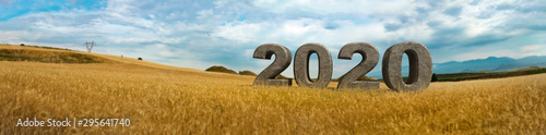 3D 2020 text inside field of wheat, next to historical tumulus graves panorama view. Bintepeler, Salihli Manisa photo