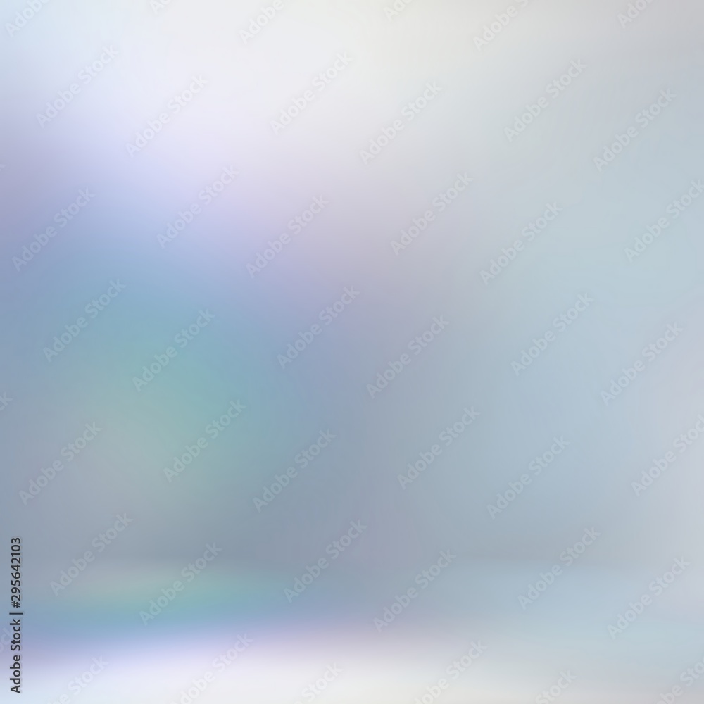 Hologram pattern on wall and floor 3d background. Iridescent pearl abstraction. Amazing studio template. Light blue lilac azure grey tint transition. Wonderful gemstone flare texture.