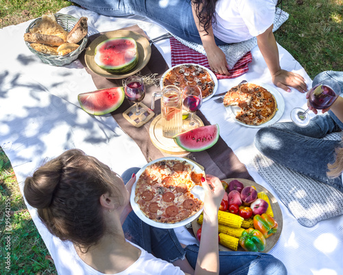 Summer picnic with friends in nature with food and drinks. © puhimec
