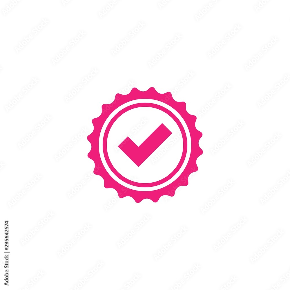 Valid Seal icon. Pink circle with ribbon outline and pink tick. Flat OK sticker icon. Valid Seal icon. Pink circle with ribbon outline and pink tick. Flat OK sticker icon.
