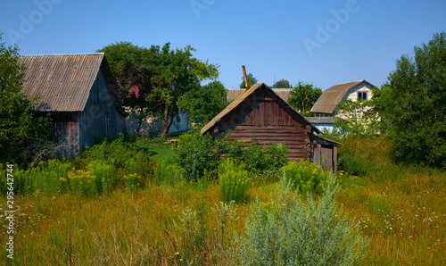 Belarus, Russian old wooden village houses at sunny day
