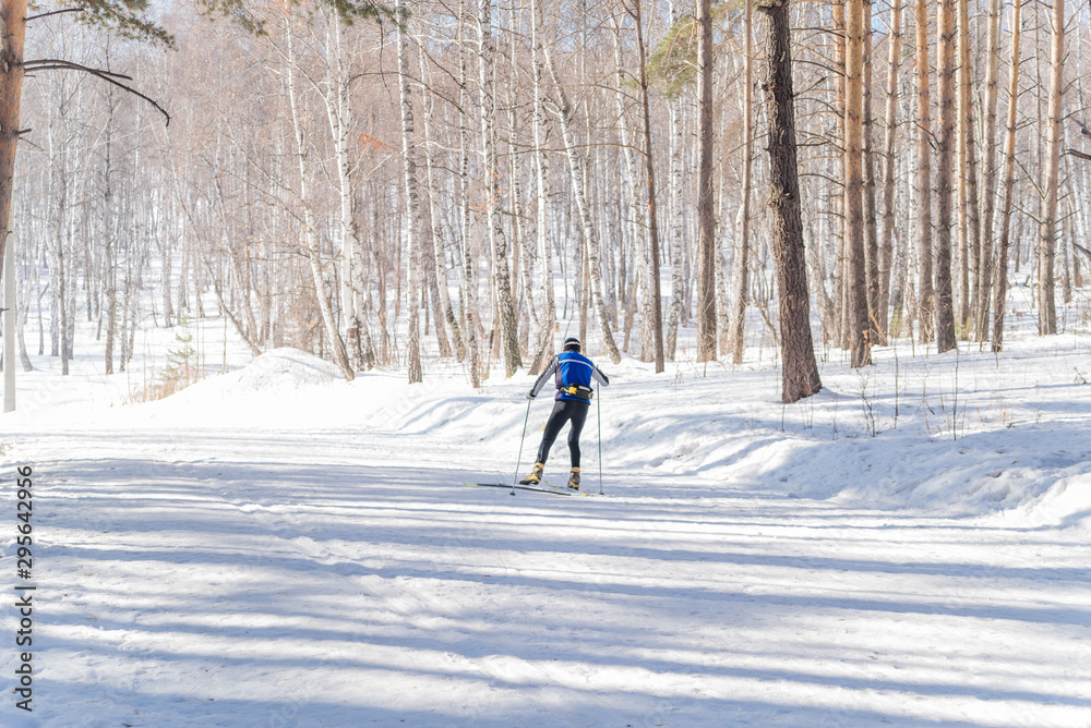 athlete skier in the winter forest. man skiing in the woods. the athlete on the ski trains