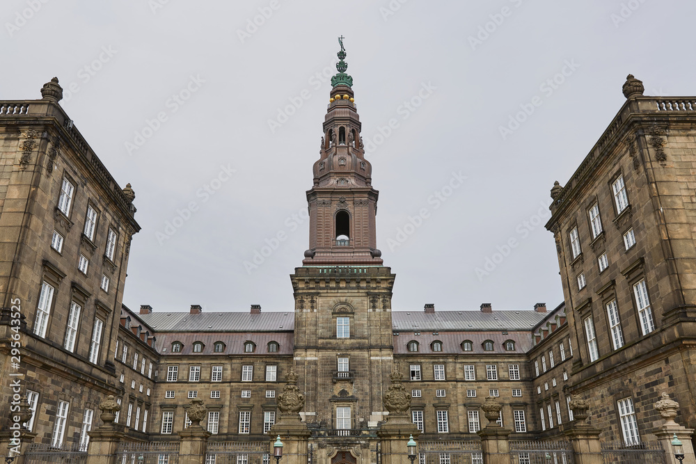Wide angle view of the main building and the Platz in front of Christiansborg Slot Copenhagen, Denmark
