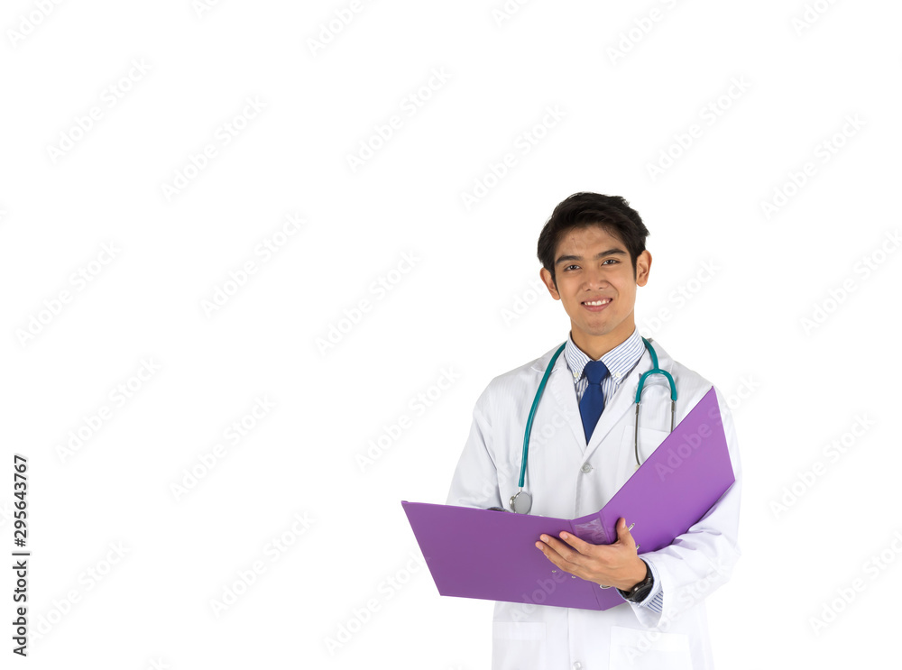 The young Asian doctor holds a purple file with Stethoscope The young Asian doctor holds a purple file with Stethoscope