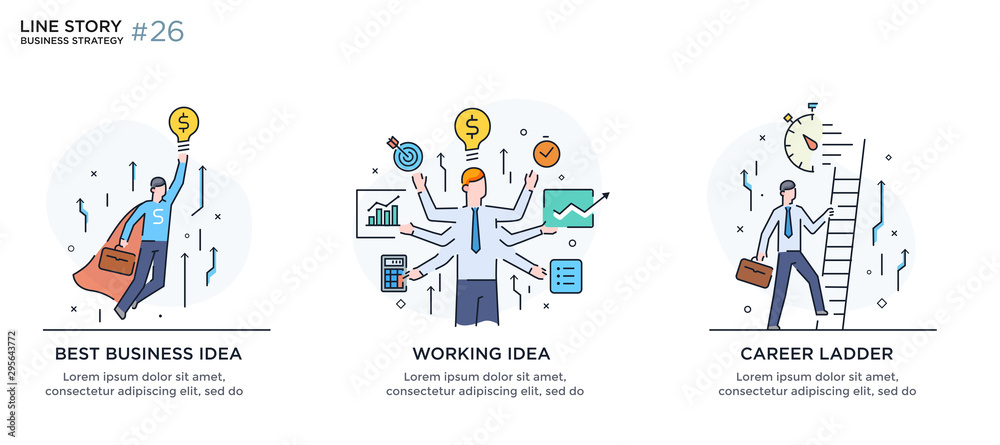 Set of illustrations concept with business concept. Workflow, growth, graphics. Business development, milestones, start-up. linear illustration Icons infographics. Landing page site print poster. Line