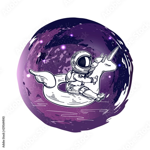 Astronaut swim on swimming circle of a unicorn in the space. Illustration on the theme of astronomy.