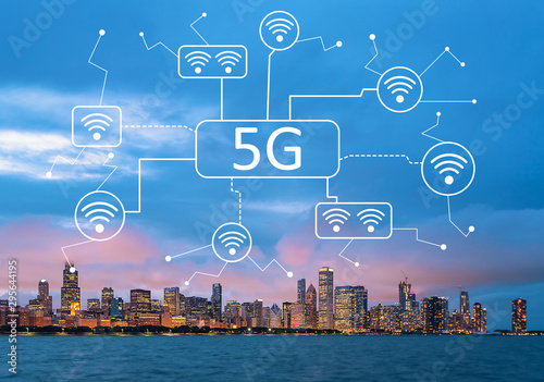 5G network with downtown Chicago cityscape skyline with Lake Michigan