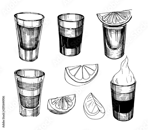 Sketch alcohol drinks shots. Hand drawn illustration converted to vector