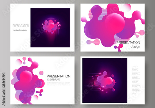 The minimalistic abstract vector illustration of the editable layout of the presentation slides design business templates. Black background with fluid gradient, liquid pink colored geometric element.