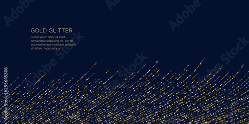 Background with gold glitter to place the inscription. Poster with lines consisting of particles.