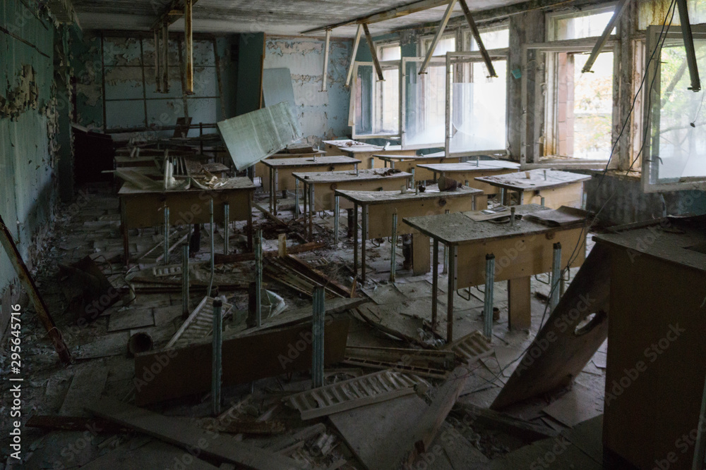 Classroom in the Evacuated City of Pripyat in the Chernobyl Exclusion Zone