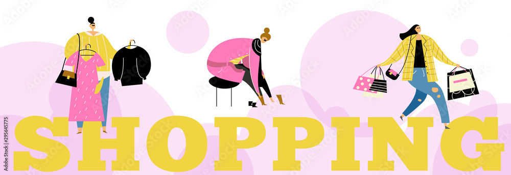 Vector horizontal banner with illustration of women choosing clothes in store. Shopping. Vector horizontal banner with illustration of women choosing clothes in store. Shopping.