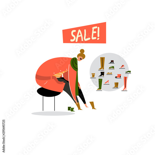 Vector cartoon illustration of woman choosing shoes. Sale