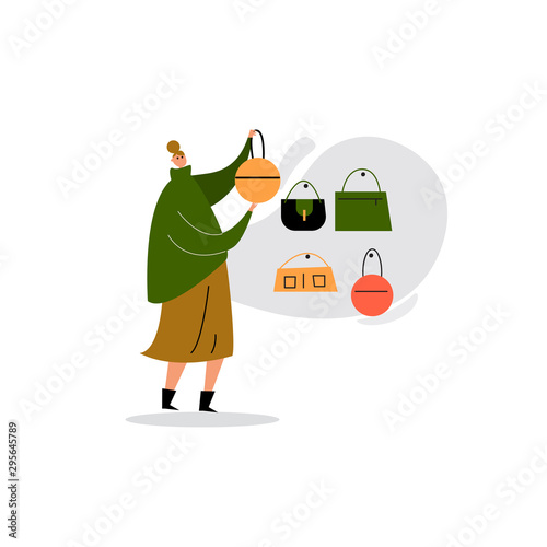 Vector cartoon illustration of woman choosing bags.