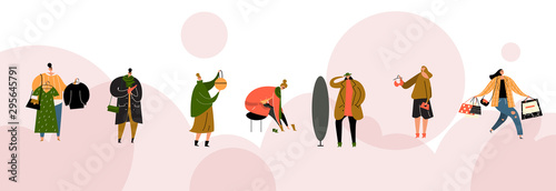 Vector horizontal banner with illustration of women choosing clothes in store. Shopping concept.