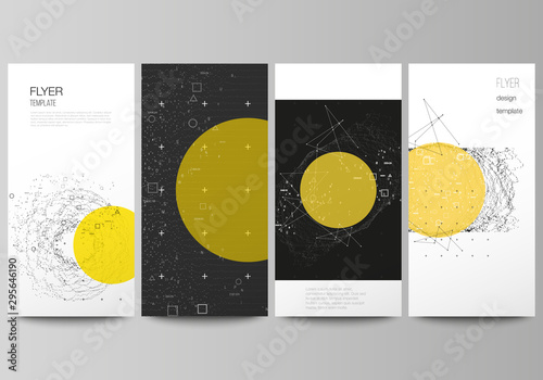 The minimalistic vector illustration of the editable layout of flyer, banner design templates. Science or technology 3d background with dynamic particles. Chemistry and science concept.
