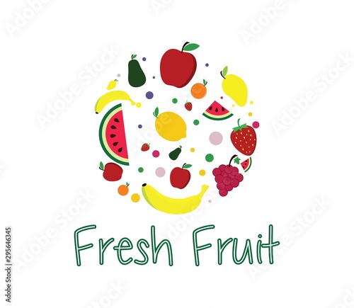 Healthy Organic eco vegetarian food Logo, Vector logo design template with fruit and vegetable icons, fruit apple pear banana logo, emblem for organic shop